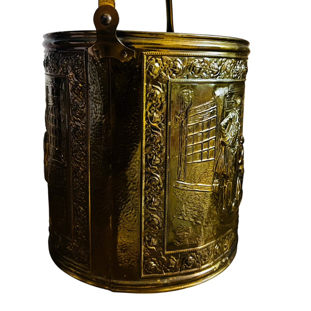 Vintage Brass Colonial Scene for Coal or Firewood Brass Bucket with Handle