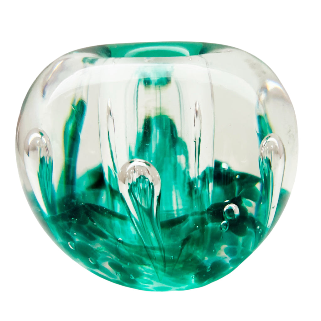 Vintage Green Bubble Art Glass Paper Weight Candle Holder