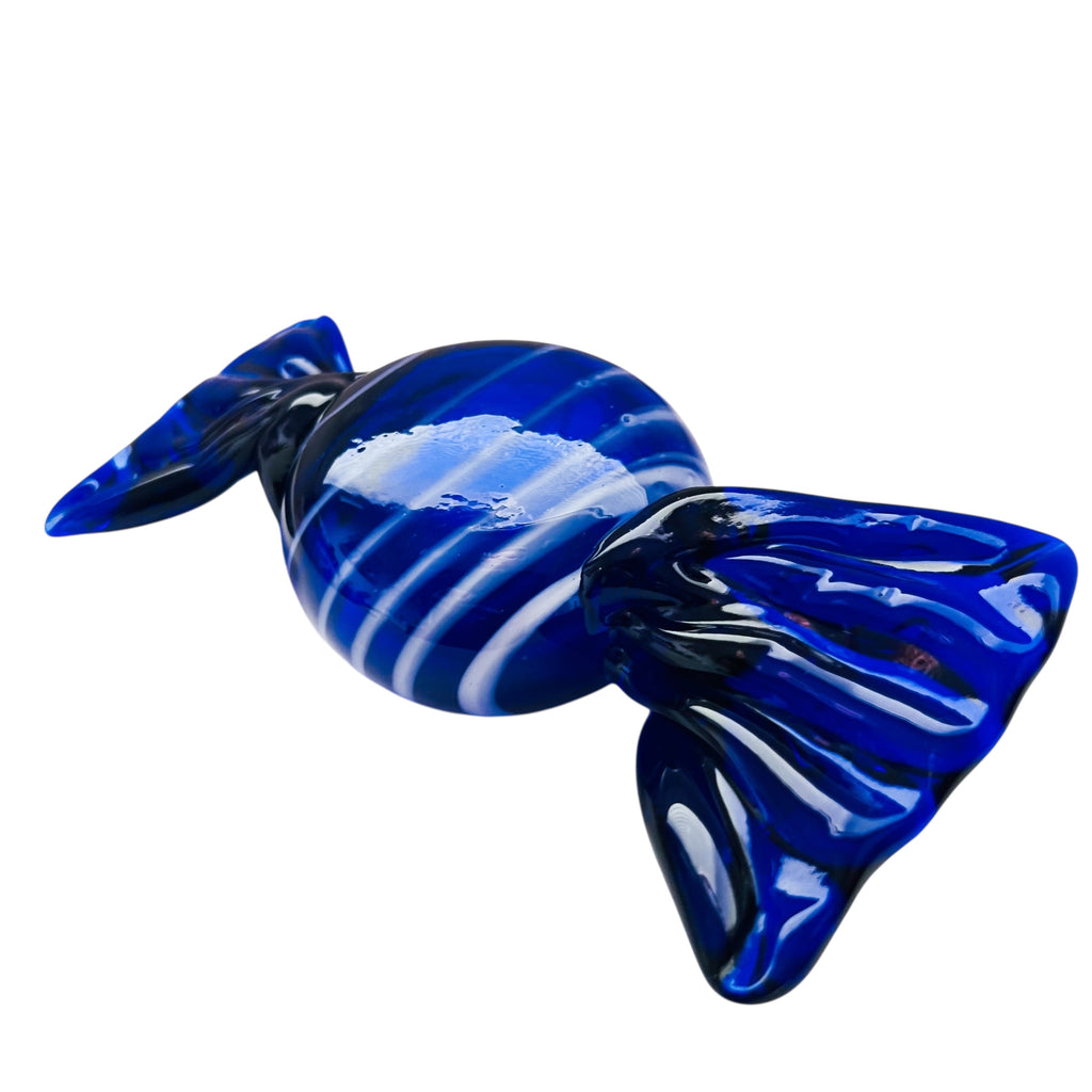 Vintage Cobalt Blue Hand Blown Wrapped Hard Candy Blue Clear Art Glass