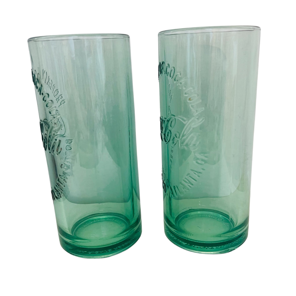 Coca Cola Green Embossed Glass Tumblers - Pair