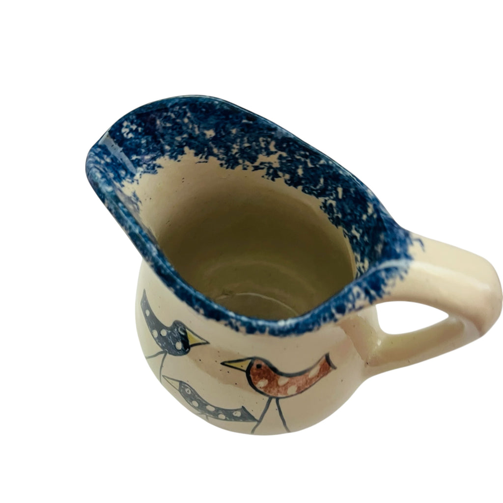 Three Bird Spongeware Handled Stoneware Pottery Pitcher