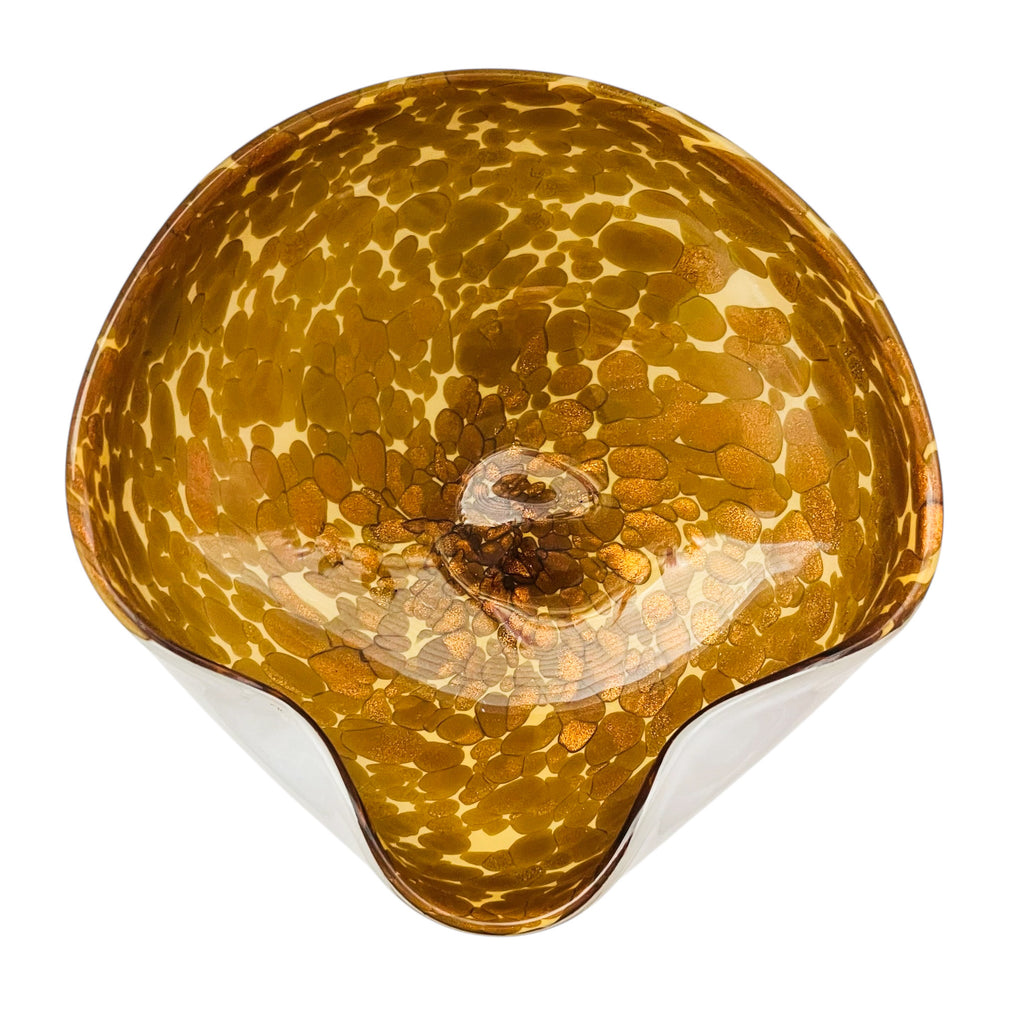 Vintage Murano Brown Gold Glitter Inclusions Cased White Bowl