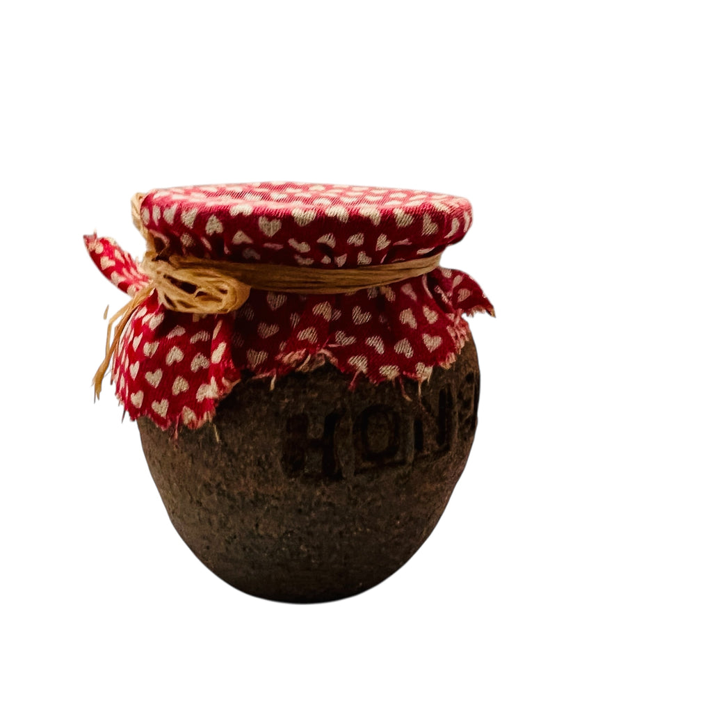 Vintage Clay Pottery Honey Jar with Red Heart Cover