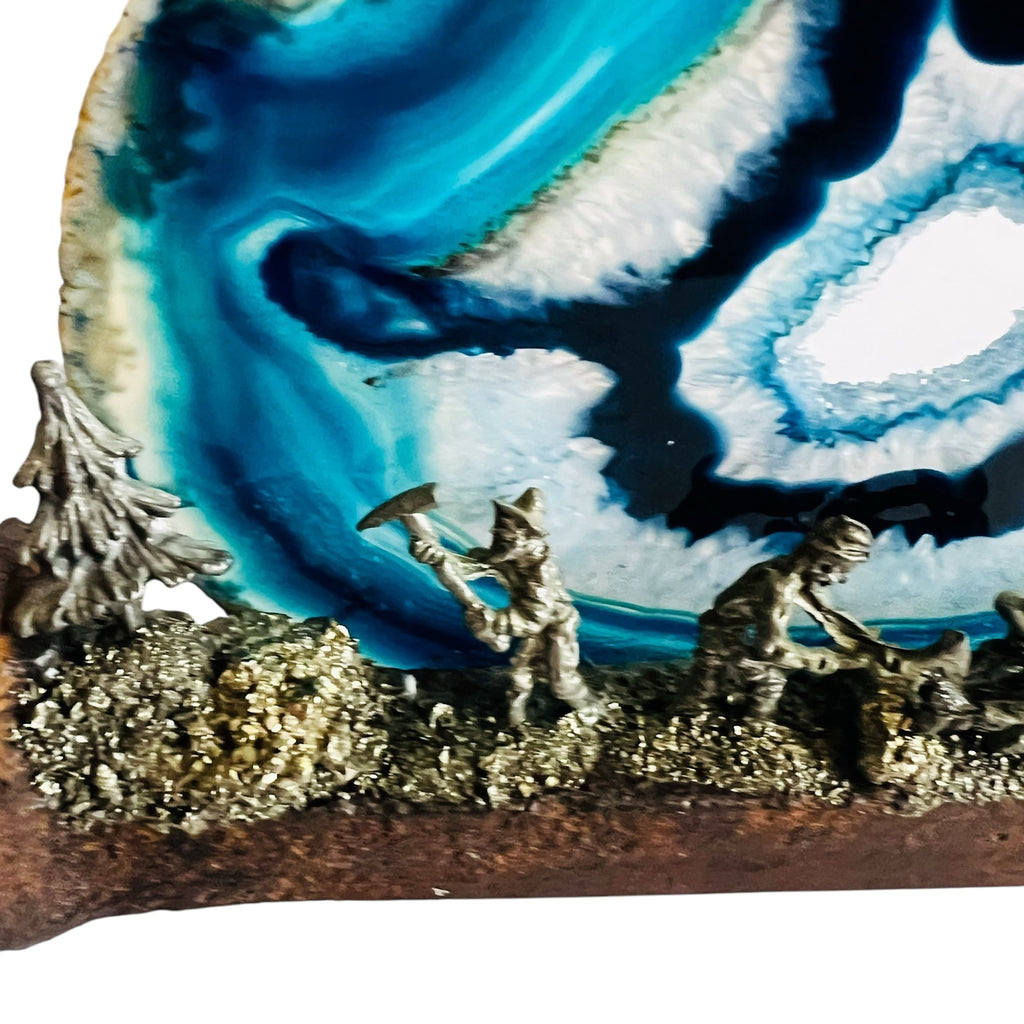 Vintage Blue Agate Pewter Detailed Rustic Nail Pewter Miner Prospector Scene