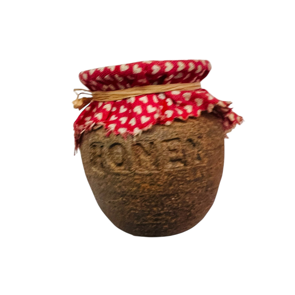Vintage Clay Pottery Honey Jar with Red Heart Cover