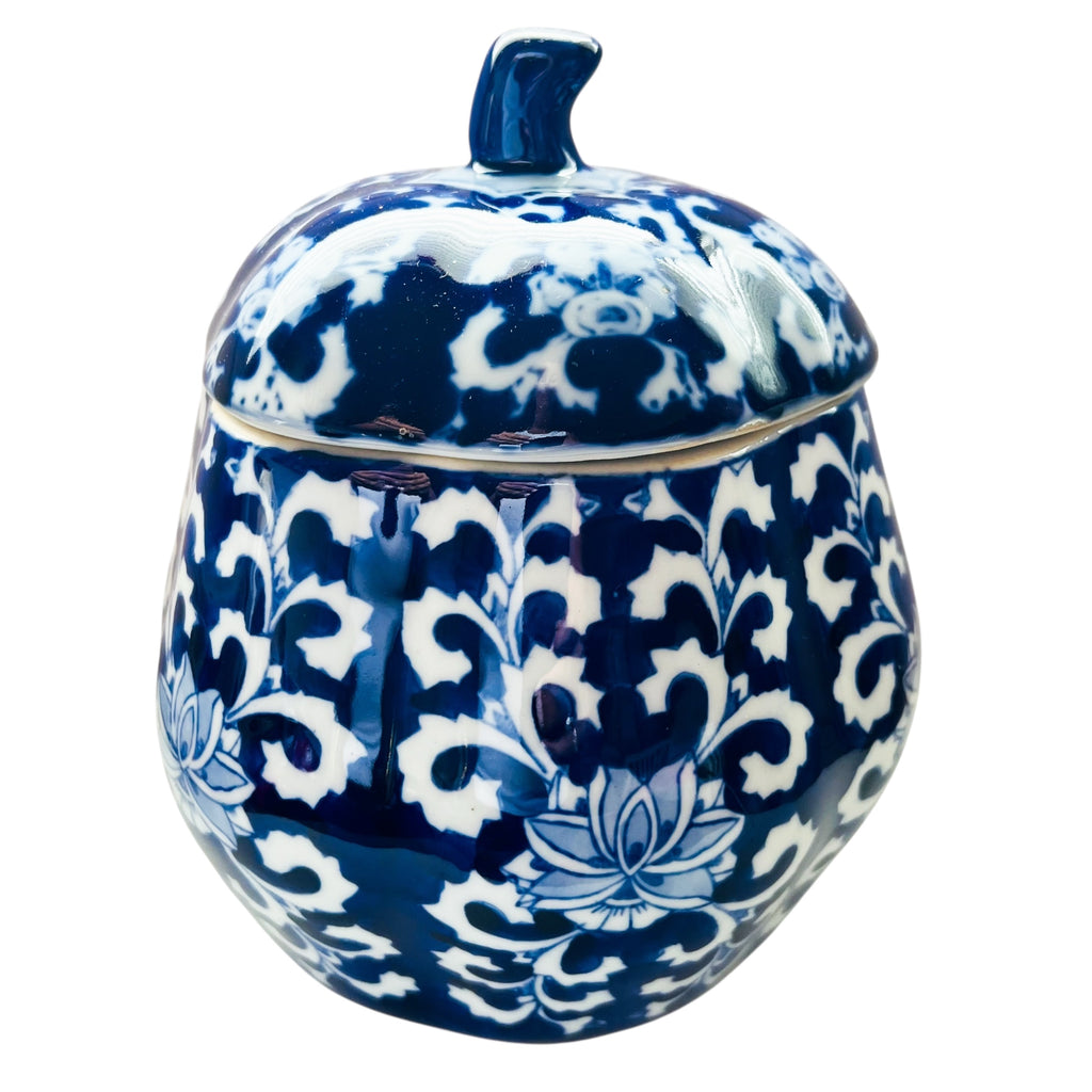 Vintage Chinoiserie Blue and White Porcelain Hand Painted Pumpkin Jar