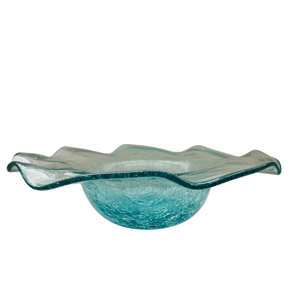 Vintage Hand Blown Sky Blue Crackle Ruffled Wavy Top Rim Art Glass Bowl