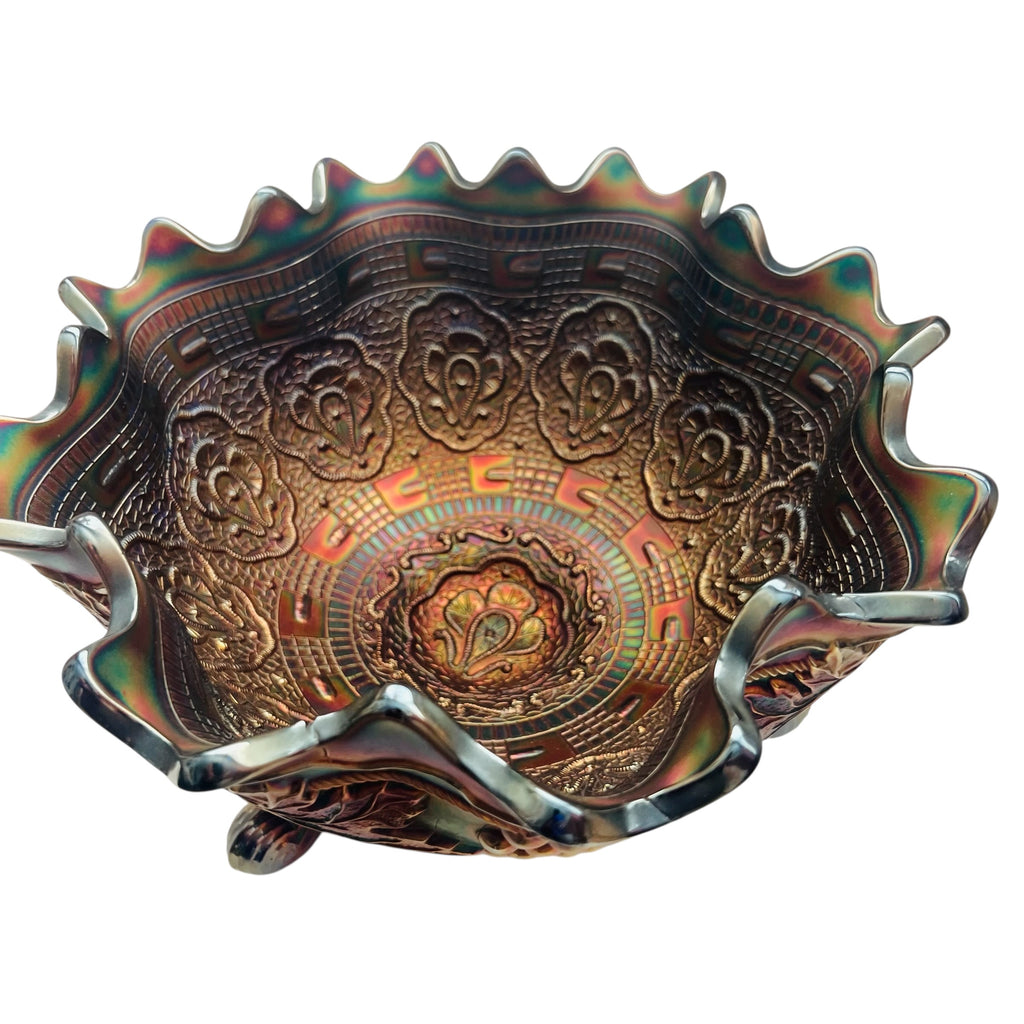 Vintage Carnival Glass Footed Fruit Grape & Cable Pattern Bowl