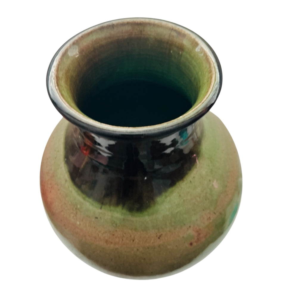 Vintage Art Pottery Signed Swanson Green Brown Glaze Vase