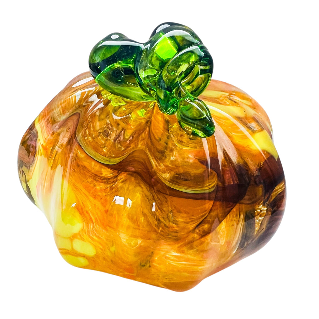 Pumpkin Art Glass Swirled Green Leaf Paperweight