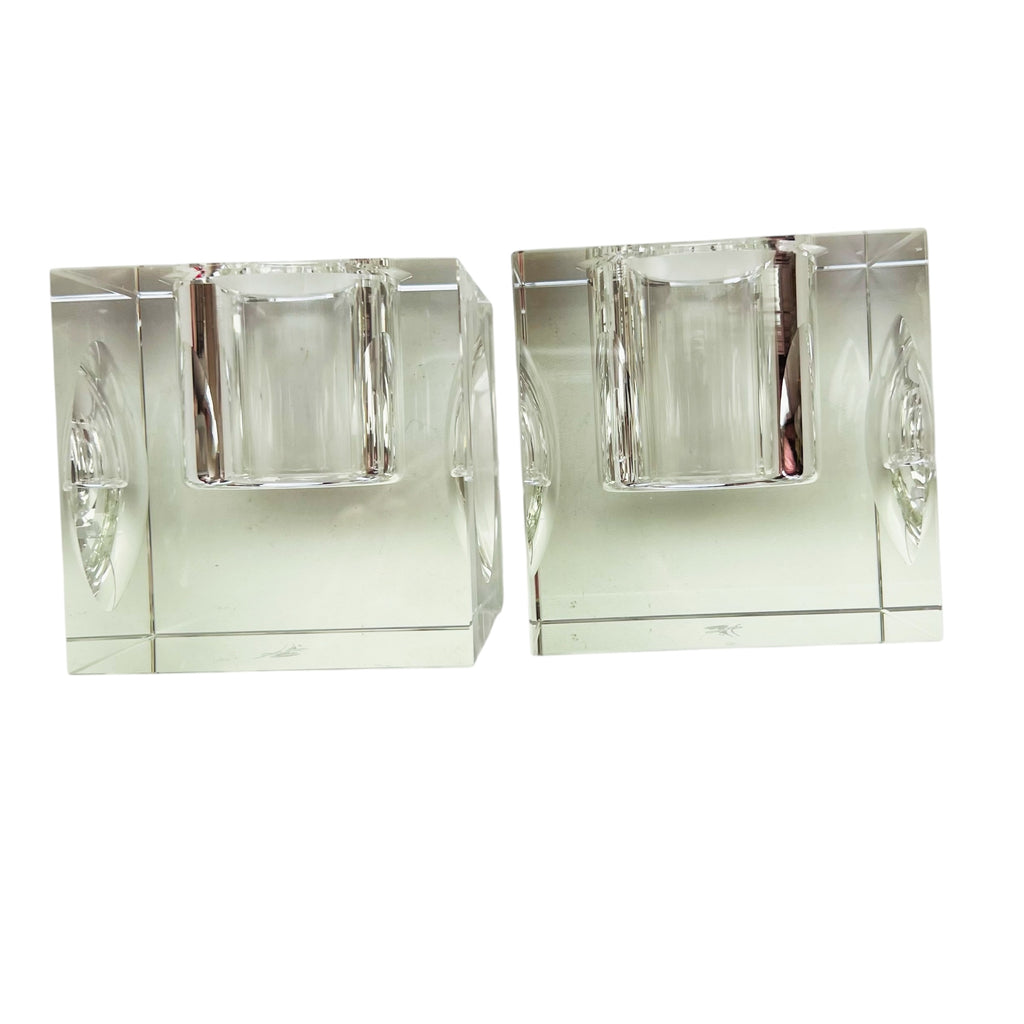 Vintage OLEG CASSINI Crystal Square Votive Holder Signed -Pair