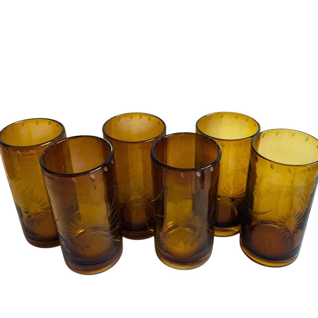 Vintage Bobby Flay Highball Etched Amber Glass Tumbler Set of 6