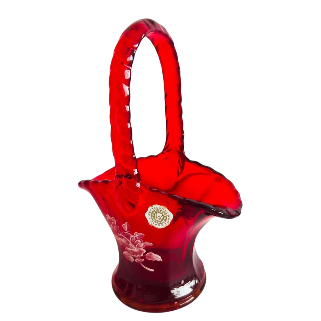 Vintage Westmoreland Ruby Red Art Glass Hand Painted Floral Basket