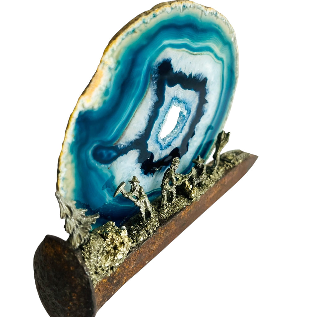 Vintage Blue Agate Pewter Detailed Rustic Nail Pewter Miner Prospector Scene