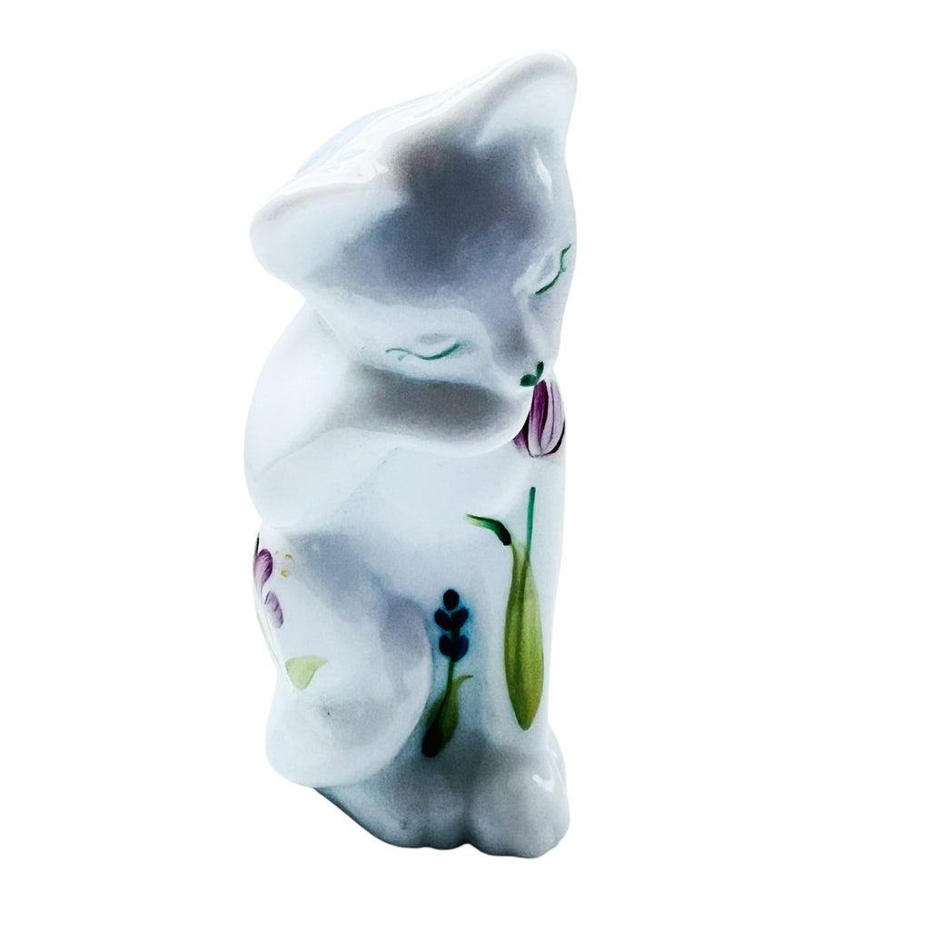 Fenton Milk Glass Kitty Floral Print Handpainted Signed Figurine