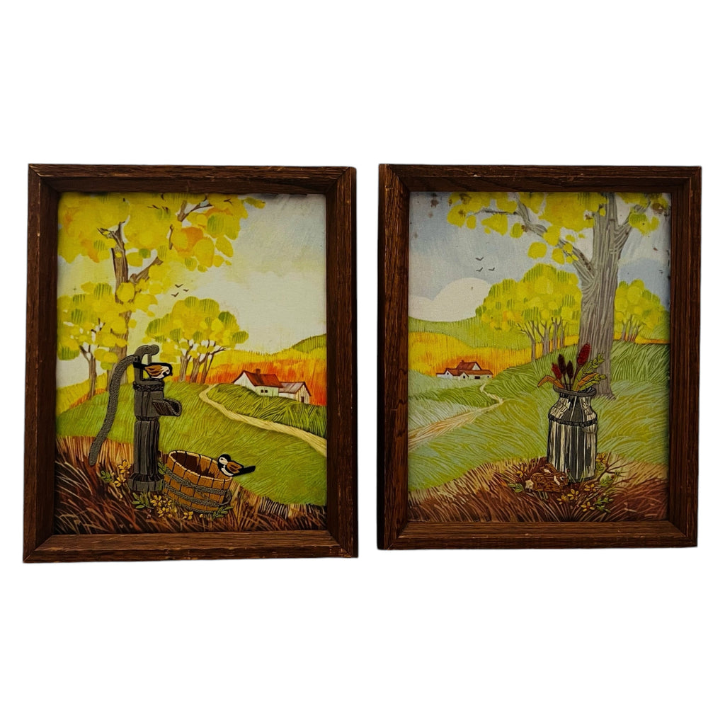 Vintage Needlepoint Handmade Birds Water Pump Well House Landscape Framed Art