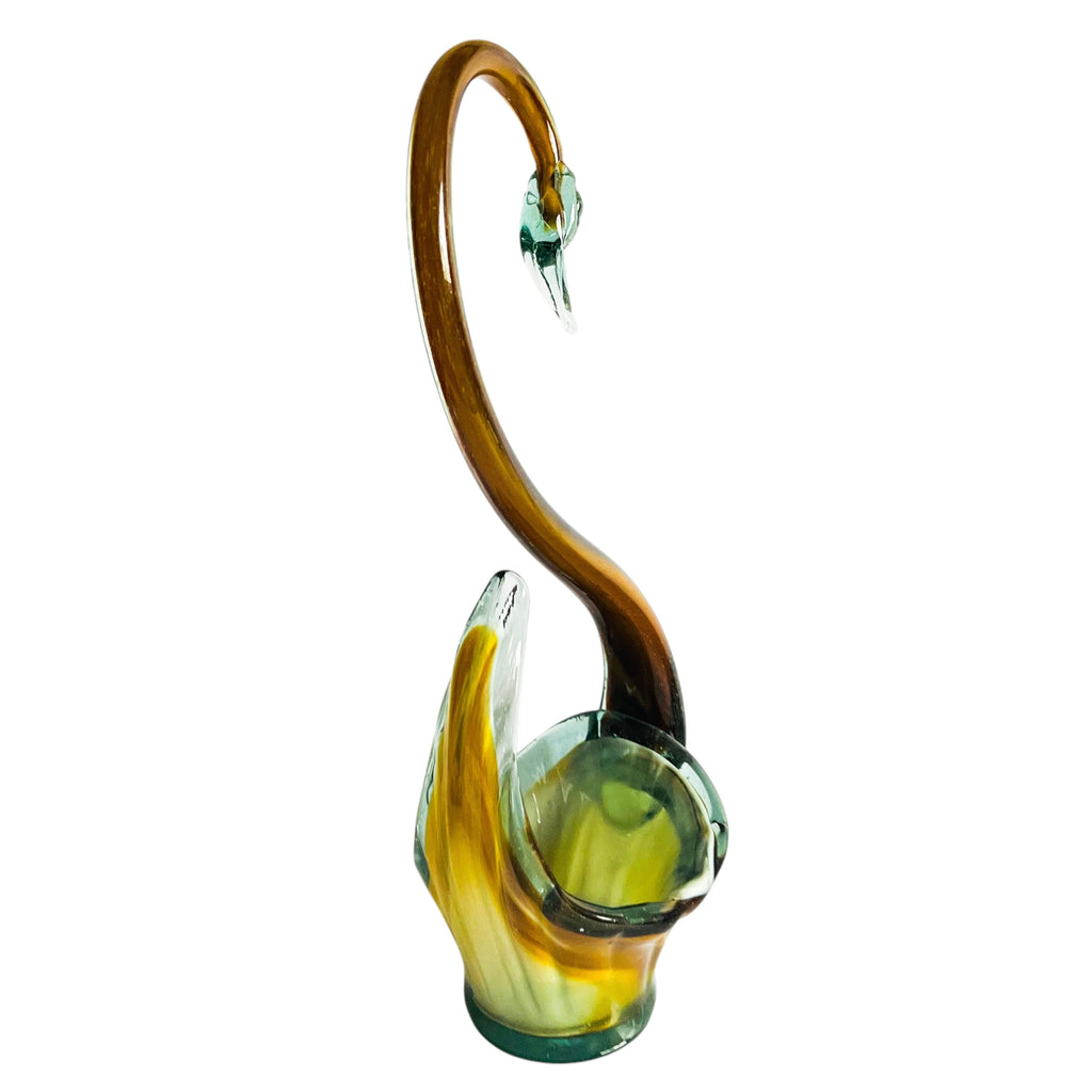 Vintage Glass Swan Basket Tall Hand Blown Green Brown Swirl Art Glass