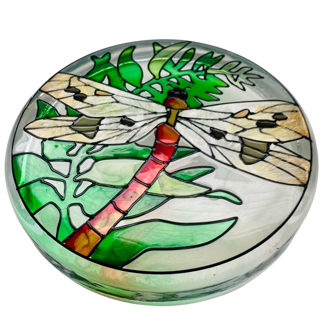 Stained Glass Dragonfly Round Paperweight