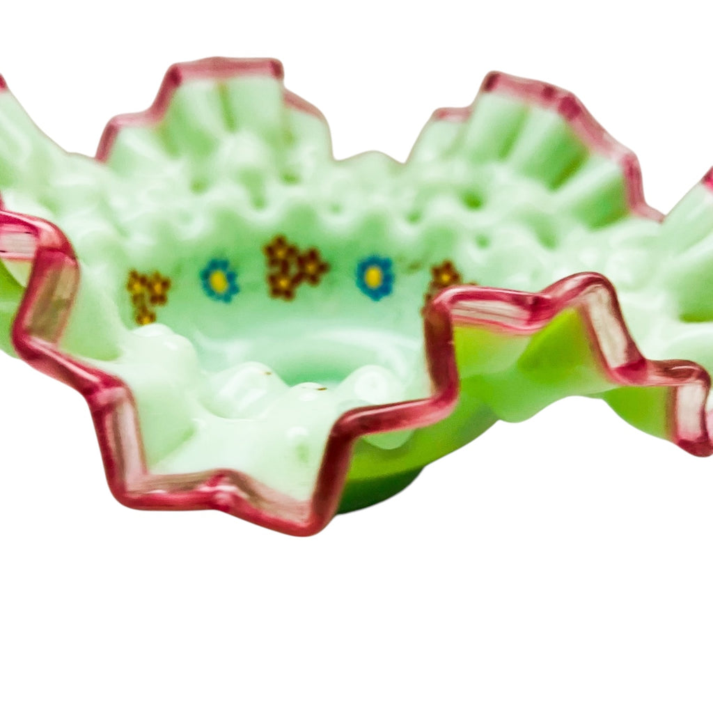 Antique Bridal Bowl With Holder St.Louis Silver Co Cased Glass Hand Painted Floral Design Ruffled Trim Basket