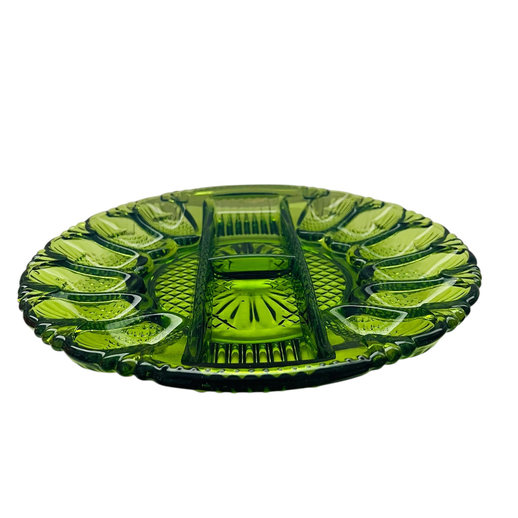 Vintage Deviled Egg Green Glass Divider Serving Platter