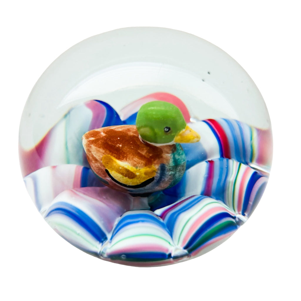 Vintage Duck Decoy Art Glass Round Paperweight