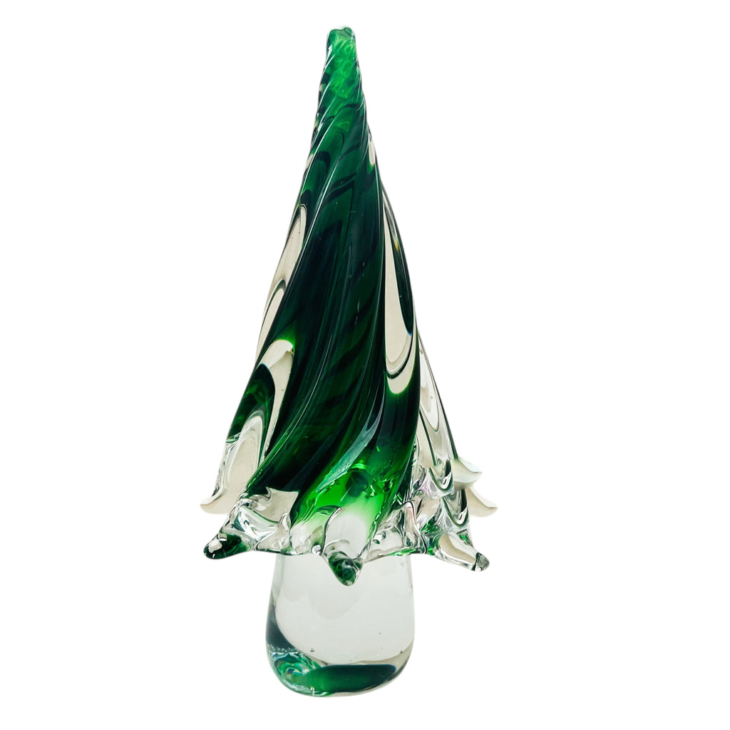 Vintage Solid Crystal Clear Green Glass Christmas Holiday Tree Paperweight