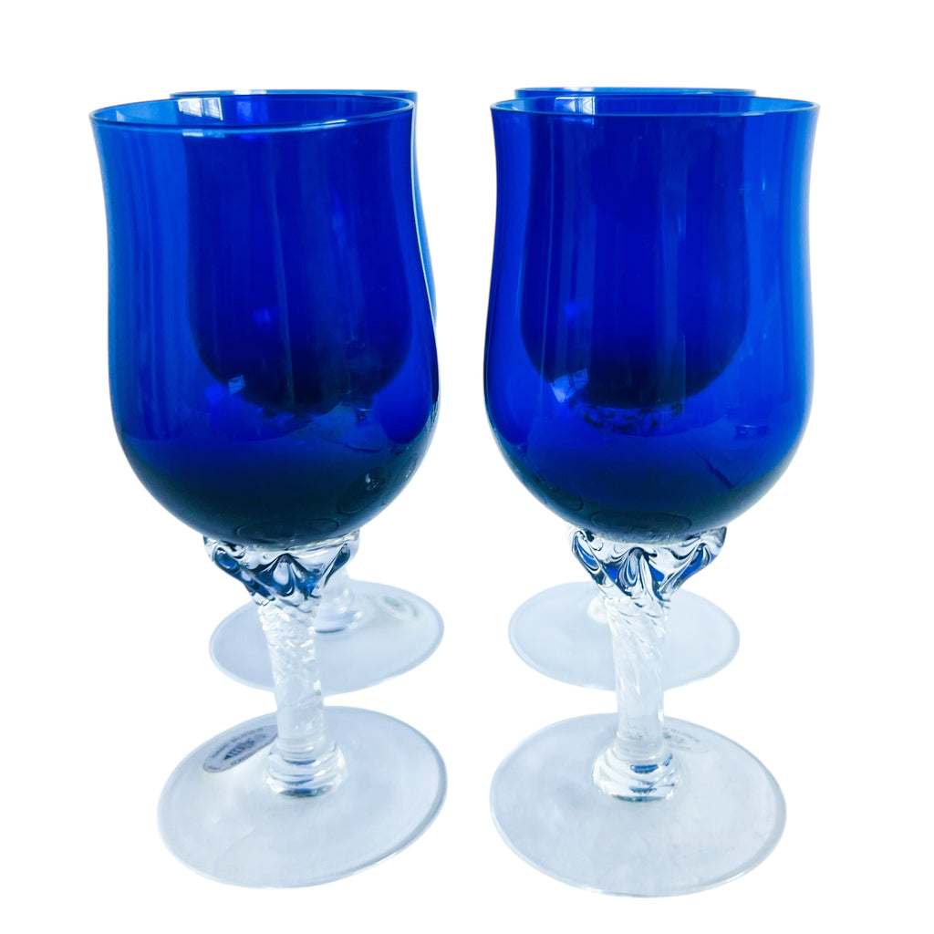 Vintage Celebrity Cobalt Blue with Clear Stem Water Goblets-Set of 4