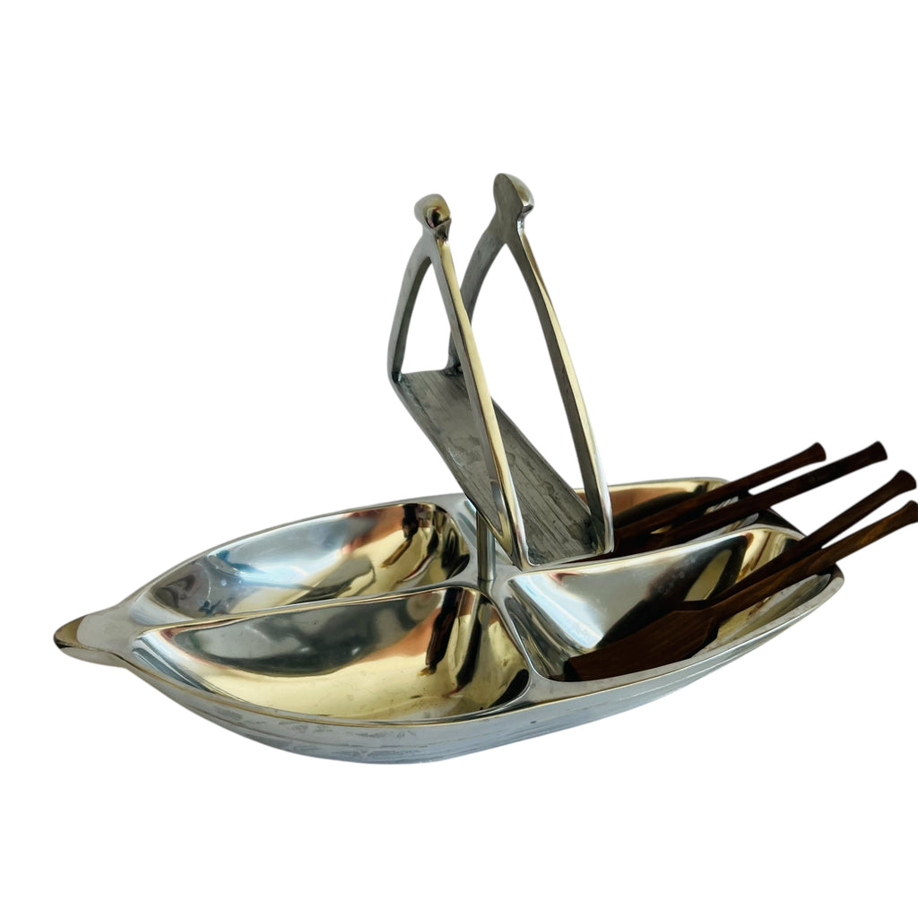 Godinger Rowboat Serving Bowl Napkin Holder & Mini Wooden Oar Serving Spoons