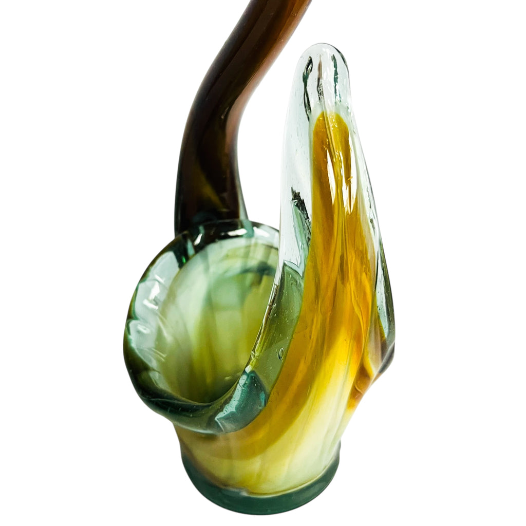 Vintage Glass Swan Basket Tall Hand Blown Green Brown Swirl Art Glass
