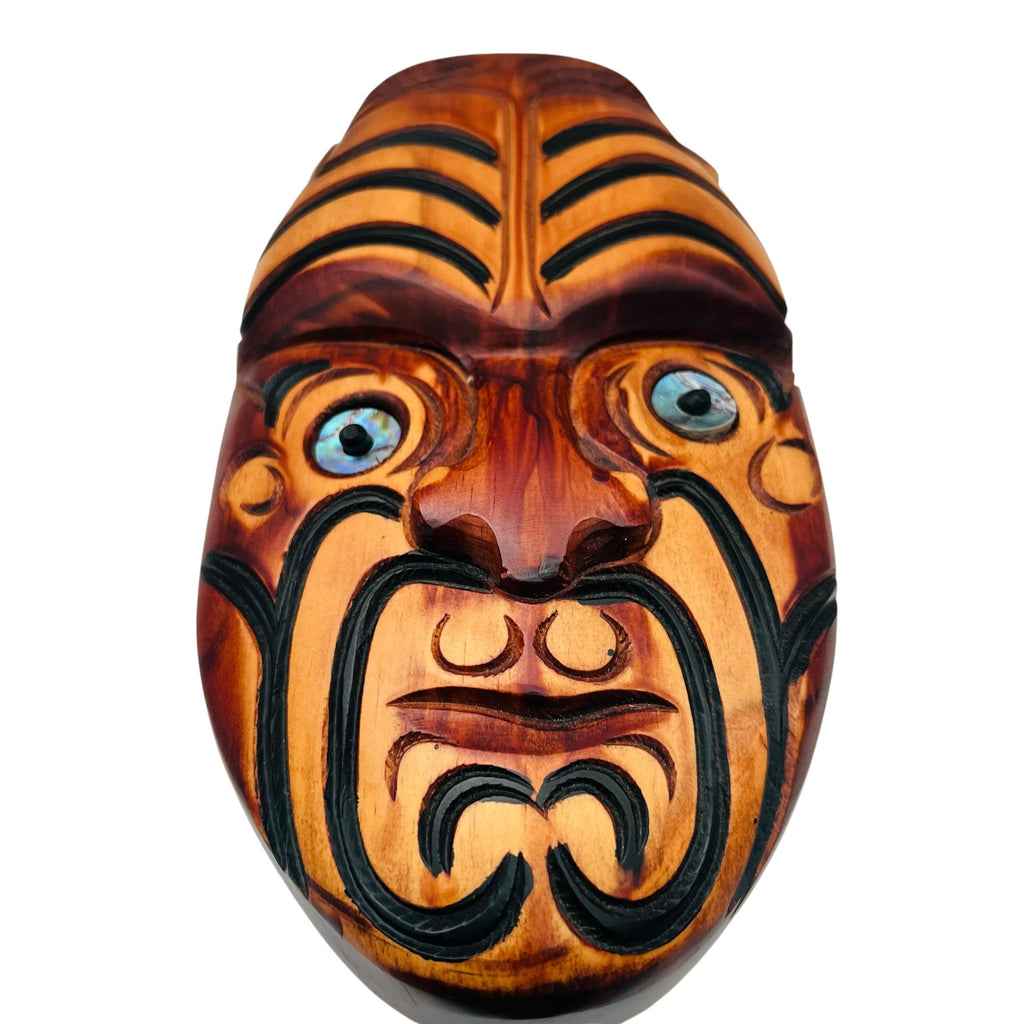 Maori Handcrafted Wooden Wall Sculpture Shell Eyes Tribal Mask