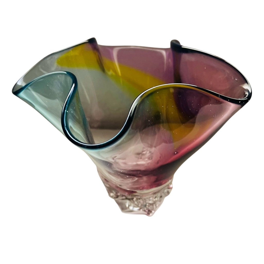 David Van Noppen Hand Blown Ruffled Edge Art Glass Bowl Vase Signed