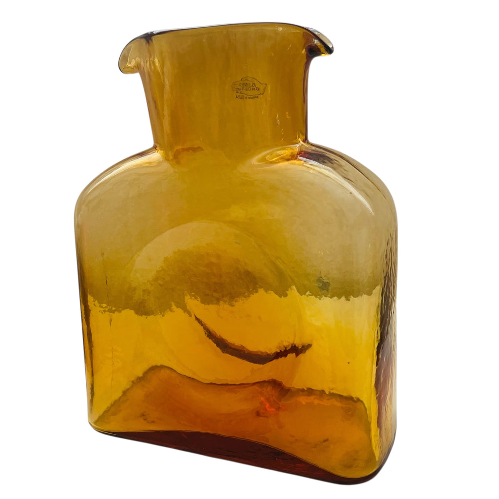 Vintage Blenko Amber Yellow Glass Double Spout Water Bottle Carafe Pitcher Vase