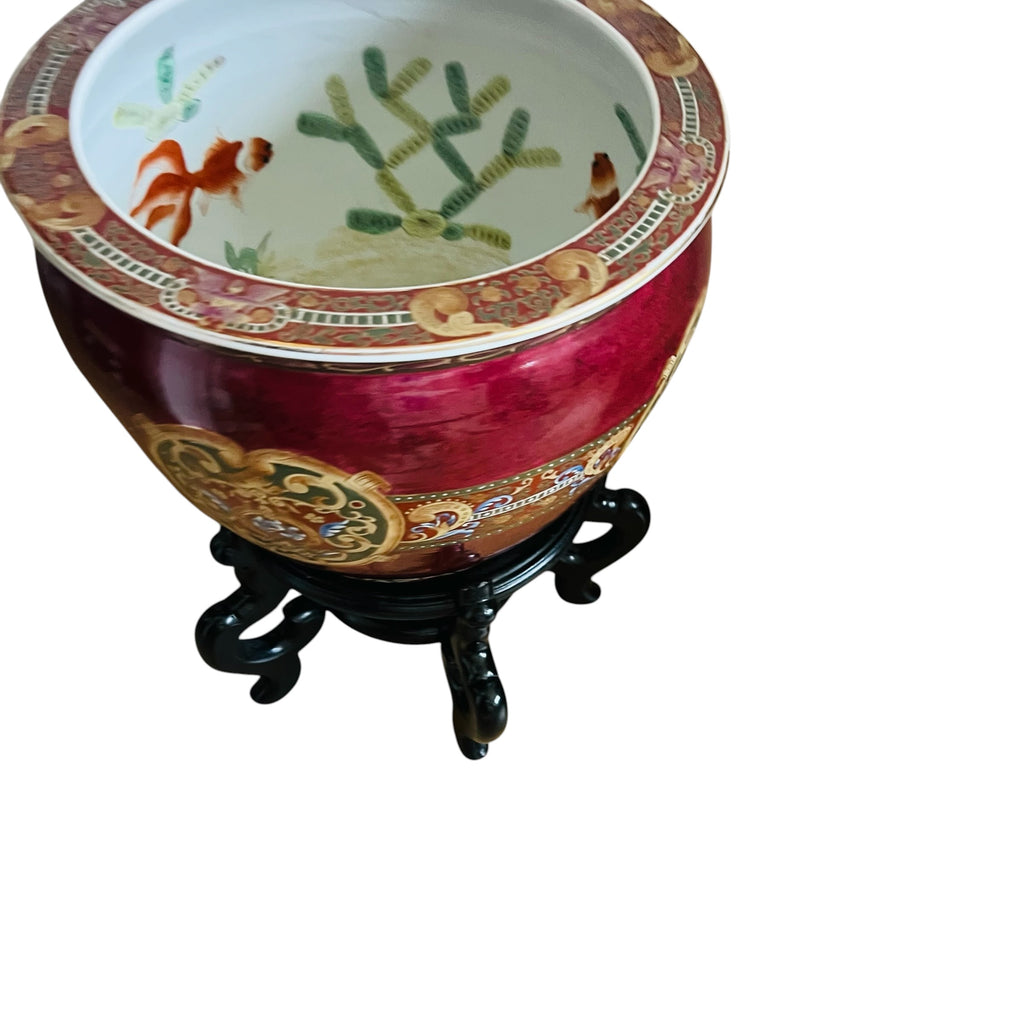 Vintage Oriental Accent Large Ceramic Asian Fish Planter Bowl Pot with Stand