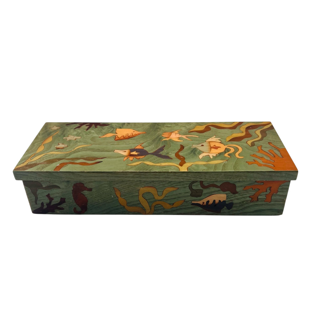 Vintage Hand-Painted Ocean Motif Wooden Lacquer Hinged Trinket Box