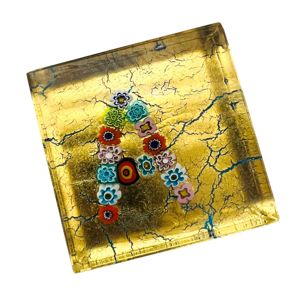 Murano Millefiori “Letter A” Square Gold Glass Paperweight