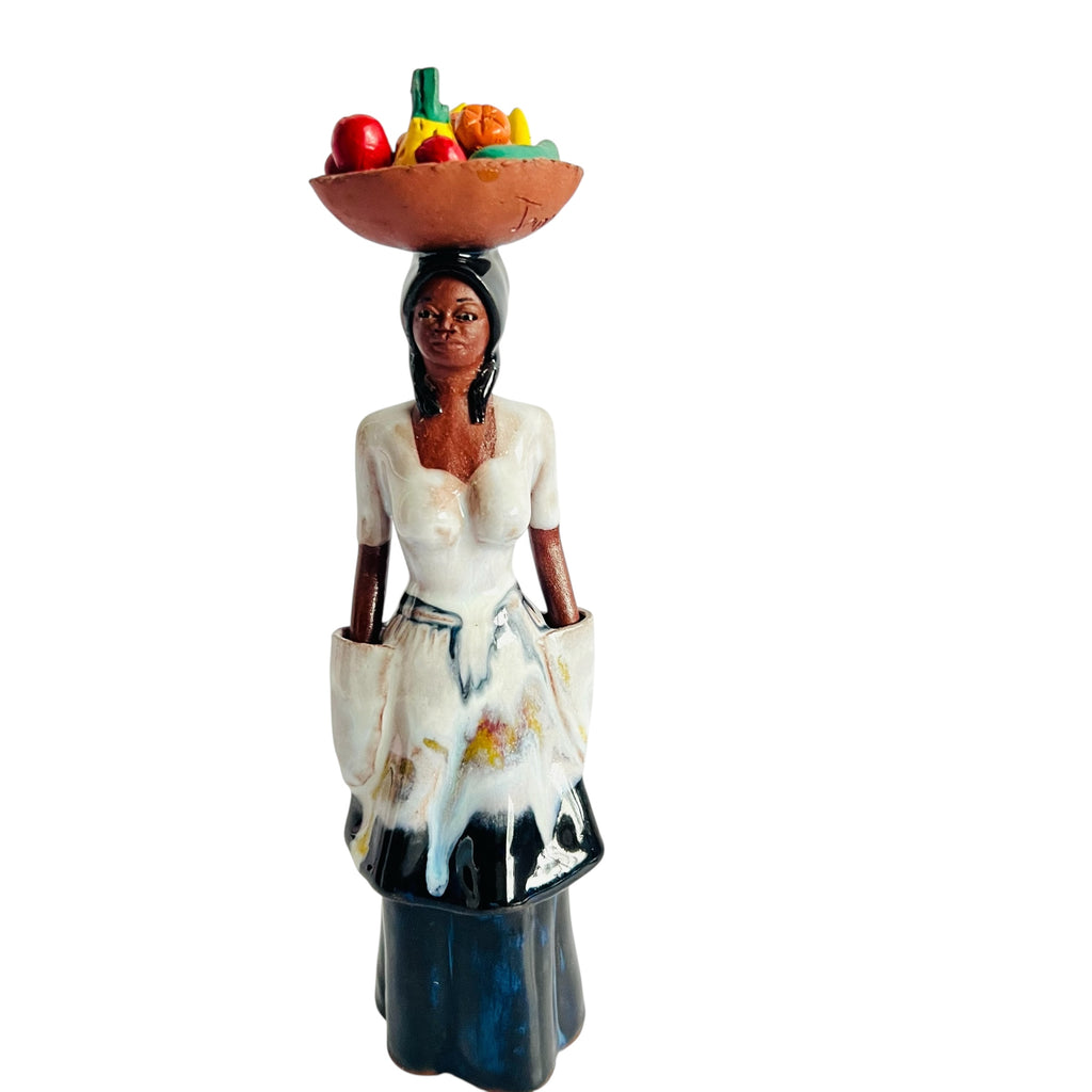 Vintage Jamaican Island Girl Sculpture Fruit Basket Caribbean Figure