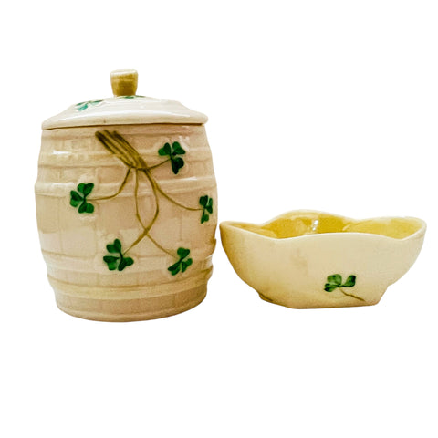 Vintage Belleek Pottery Ireland Shamrock Marmalade & Lid +
Open Salt Cellar Bowl
