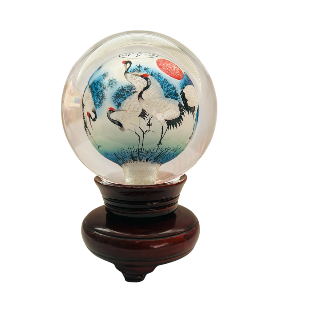 Vintage Chinese Asian Reverse Hand Painted Cranes Glass Orb On Wooden Stand