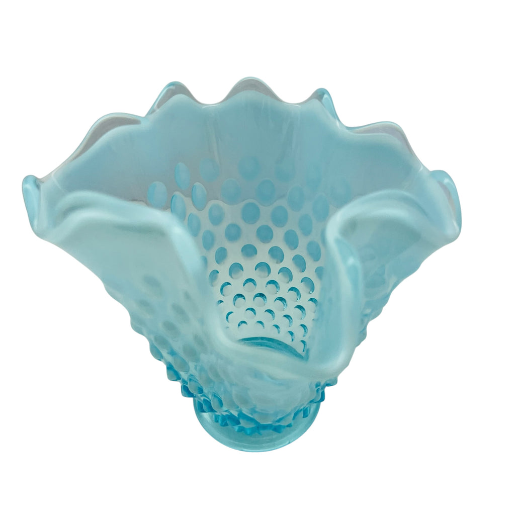 Vintage Fenton Opalescent Aqua Hobnail Ruffled Glass Vase