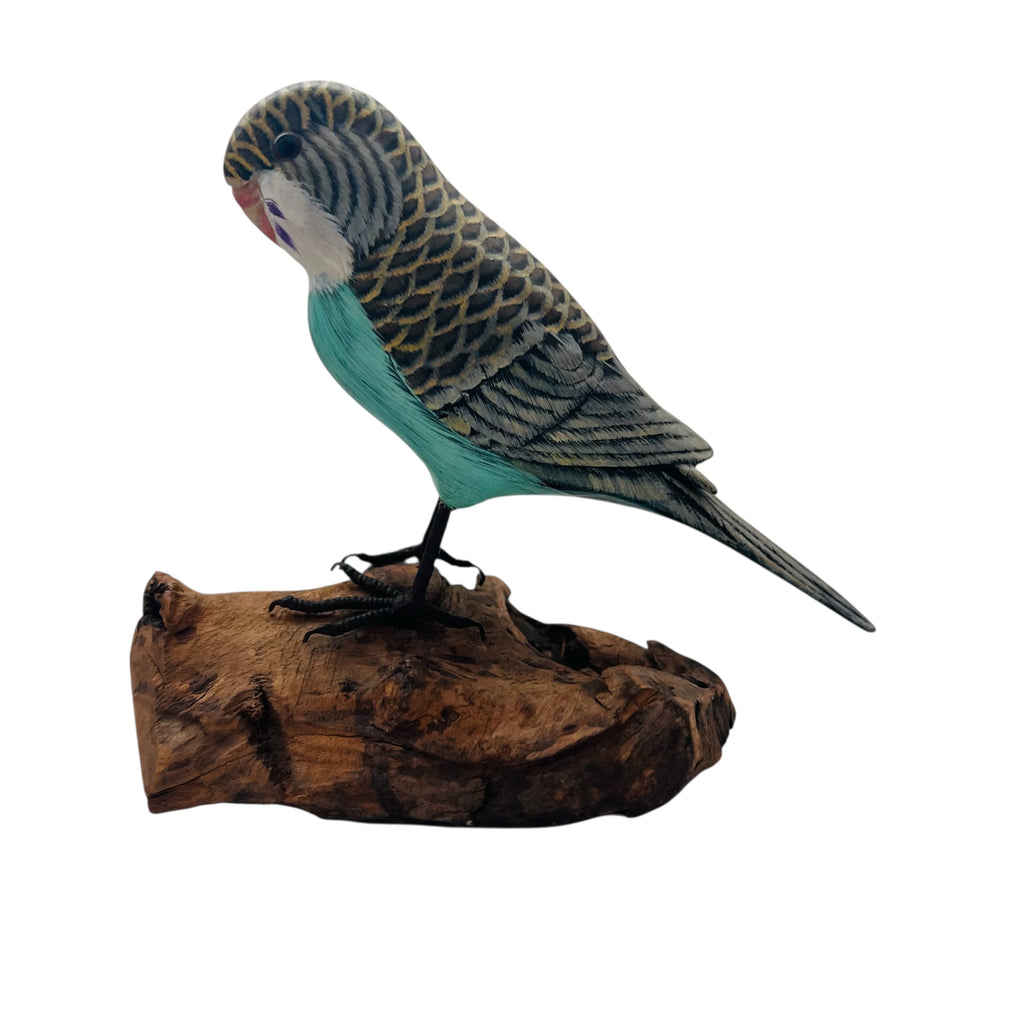 Vintage Hand Painted Parakeet With Wooden Base Bird Figurine
