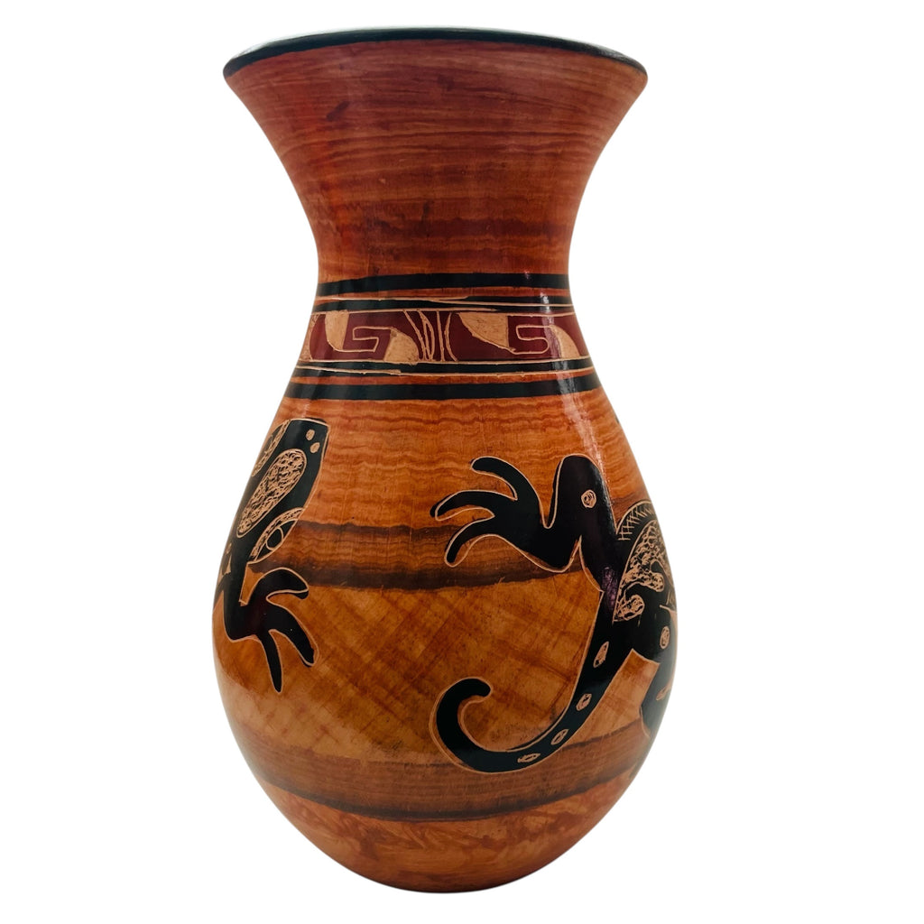 Costa Rica Pottery Carved Lizard Signed Vase