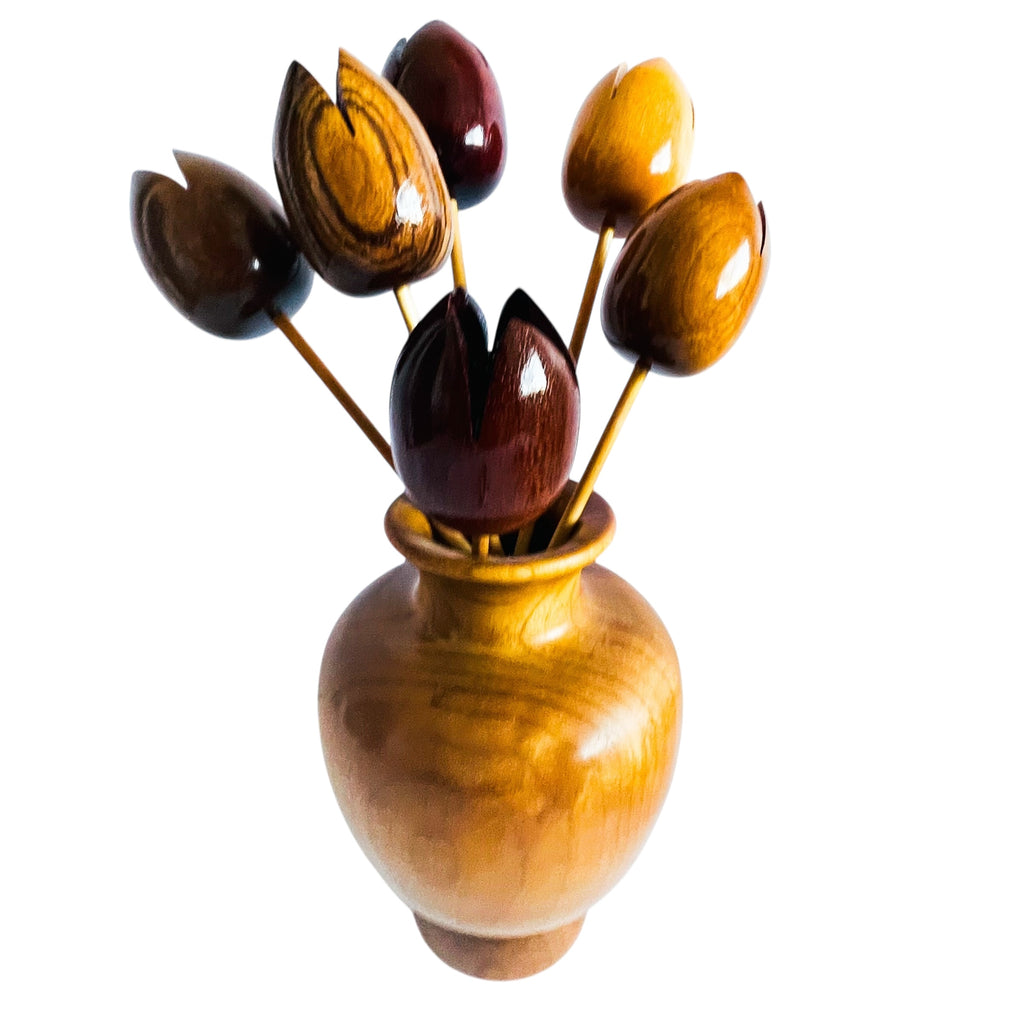 Vintage Myrtle Wood Vase with Six Individual Tulip Wood Flowers