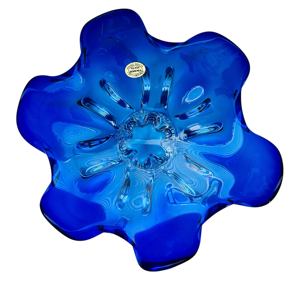 Vintage Czech Bohemian Blue Clear Base Glass Bowl