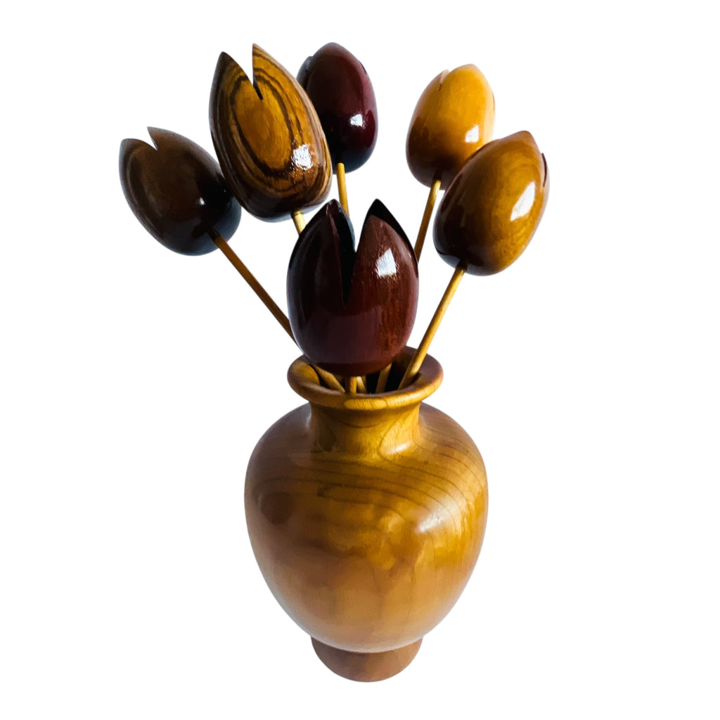 Vintage Myrtle Wood Vase with Six Individual Tulip Wood Flowers