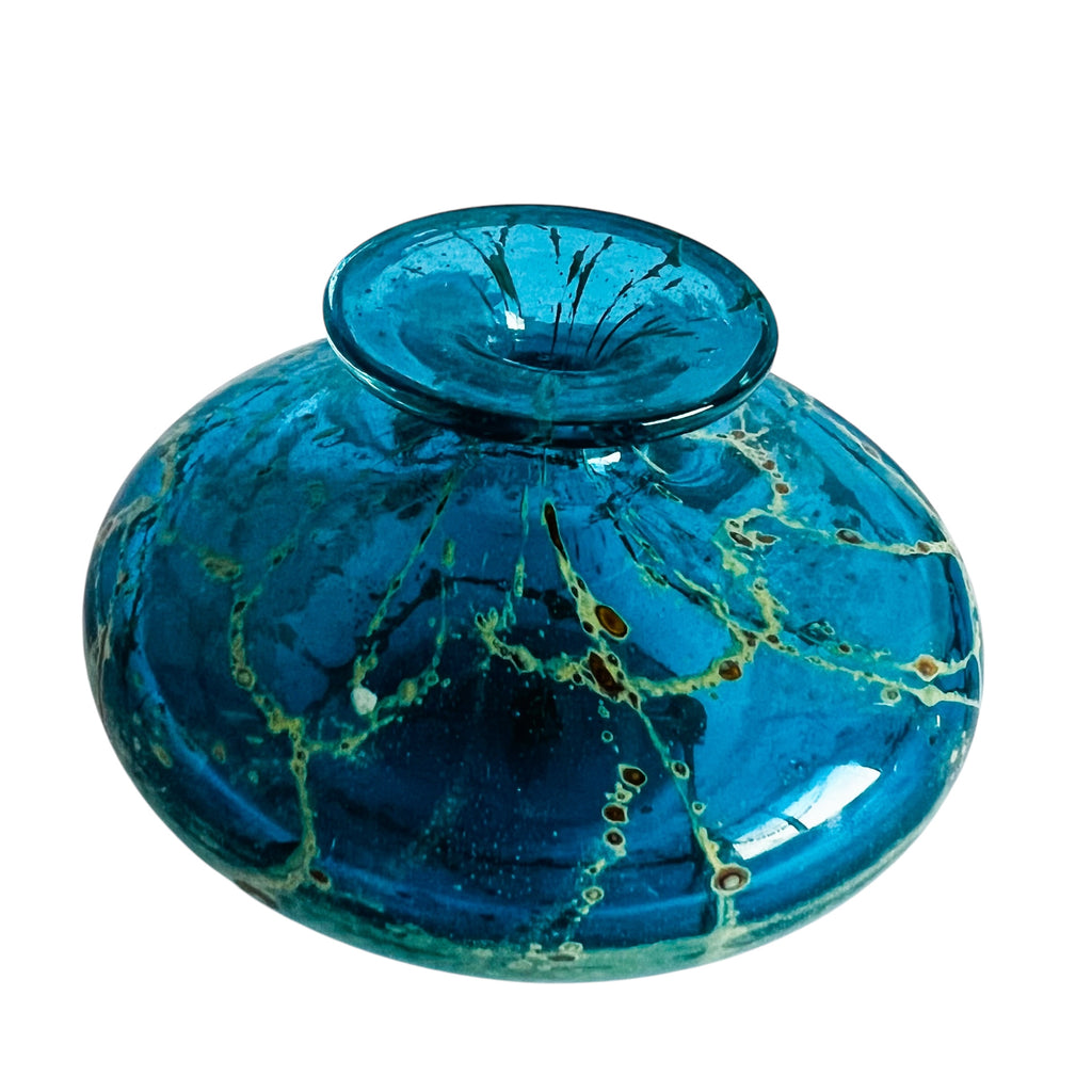 Vintage Mdina Malta Blue Crizzle Glass Signed Vase