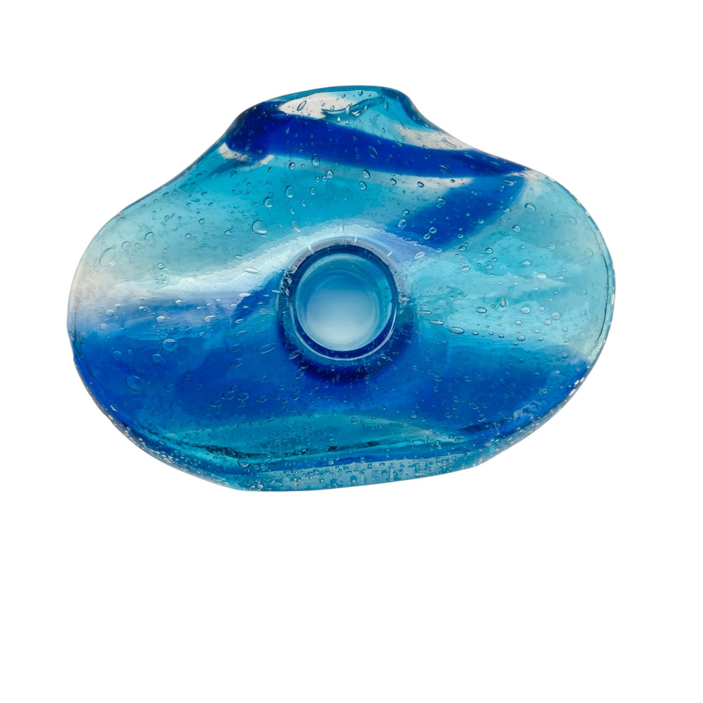 Vintage Hand Blown Art Glass Blue Donut Hole Vase