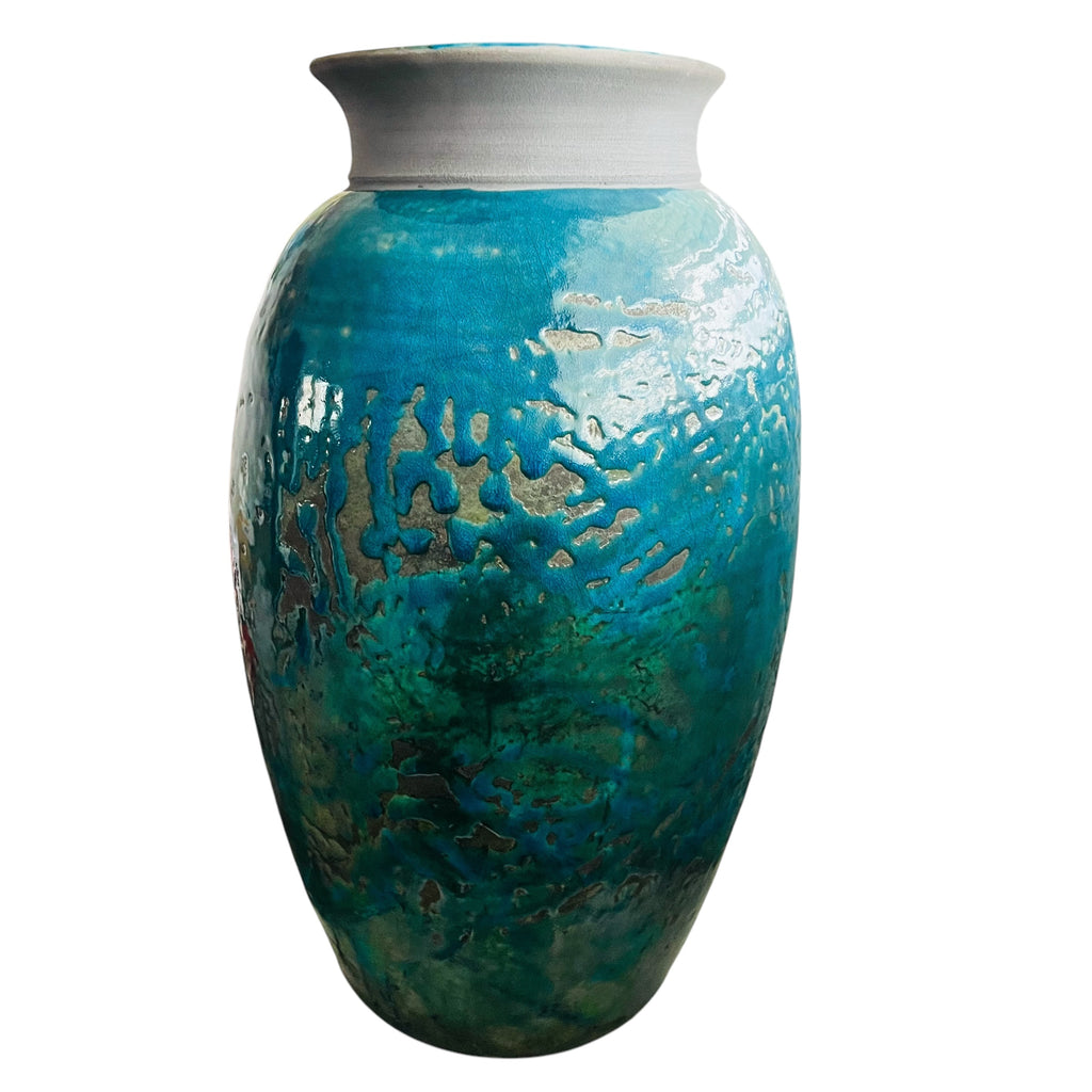 Vintage Scott Wilson Raku Blue-Green Ceramic Floor Vase