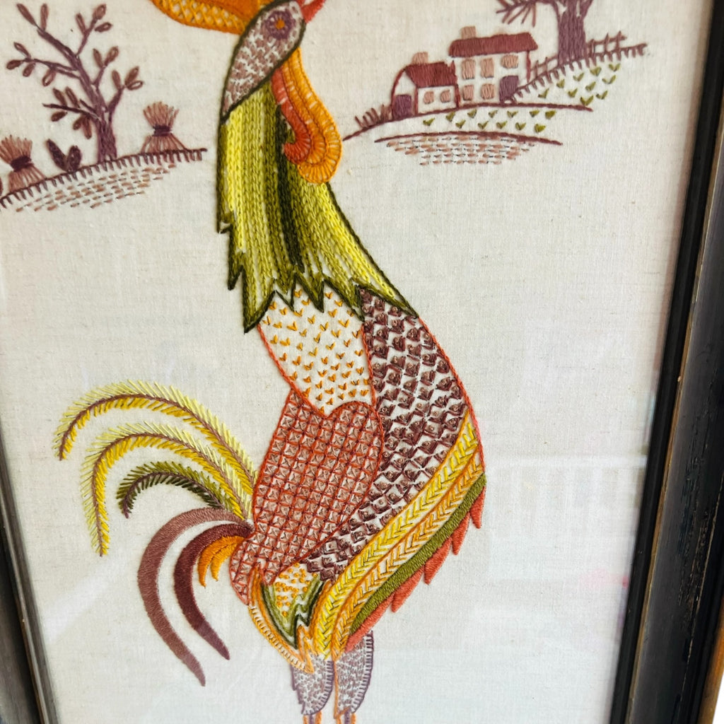 Vintage Embroidery Farmhouse Roosters Wood Frame Wall Hanging