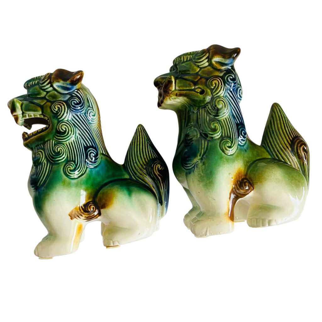 Vintage Green Ceramic Foo Dog Statues - Pair