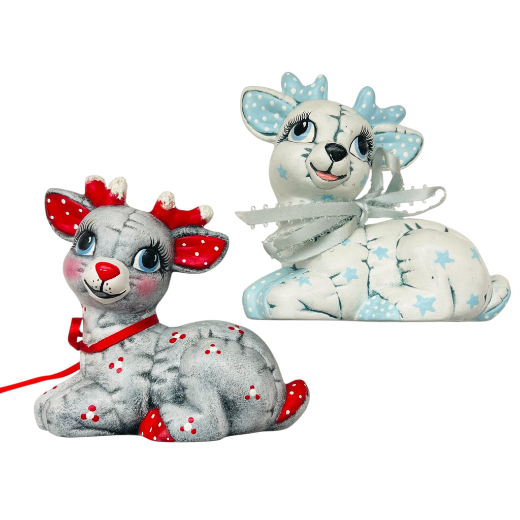 Vintage Kimple Ceramic Holiday Christmas Quilted Reindeer Figurines